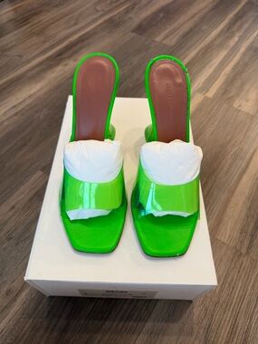 Amina Muaddi Neon Green Patent Slide Mules